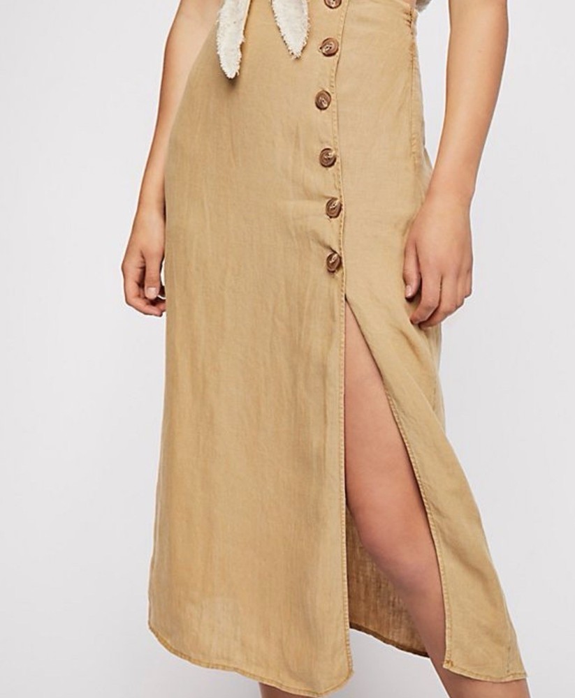 Free People Roman Holiday Midi Skirt Women’s Size 4 Linen FP Slit Spring Summer