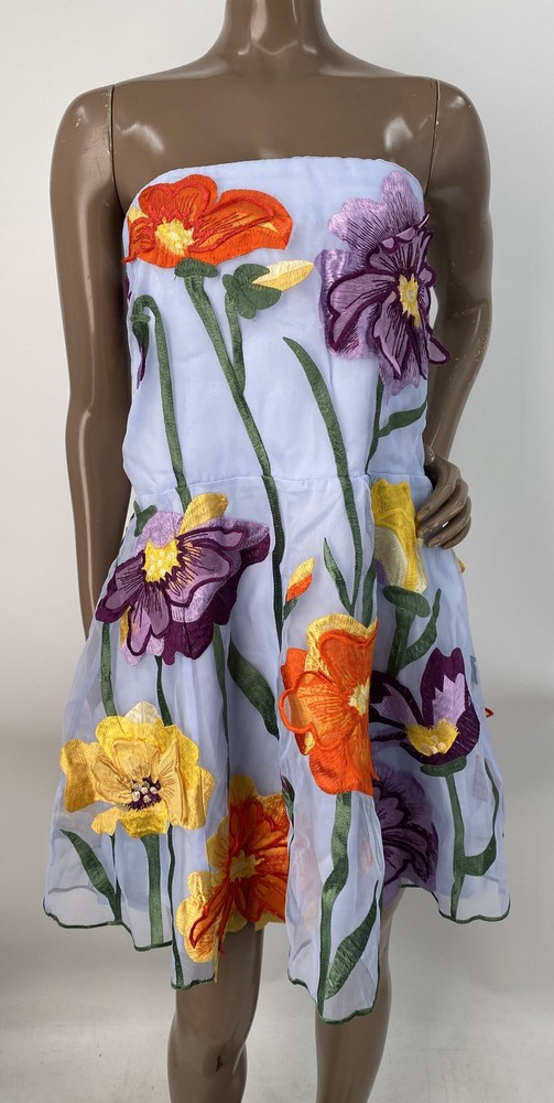 Maeve Womens Mini Dress Blue/Multi Size XL Floral Organza Strapless Polyester