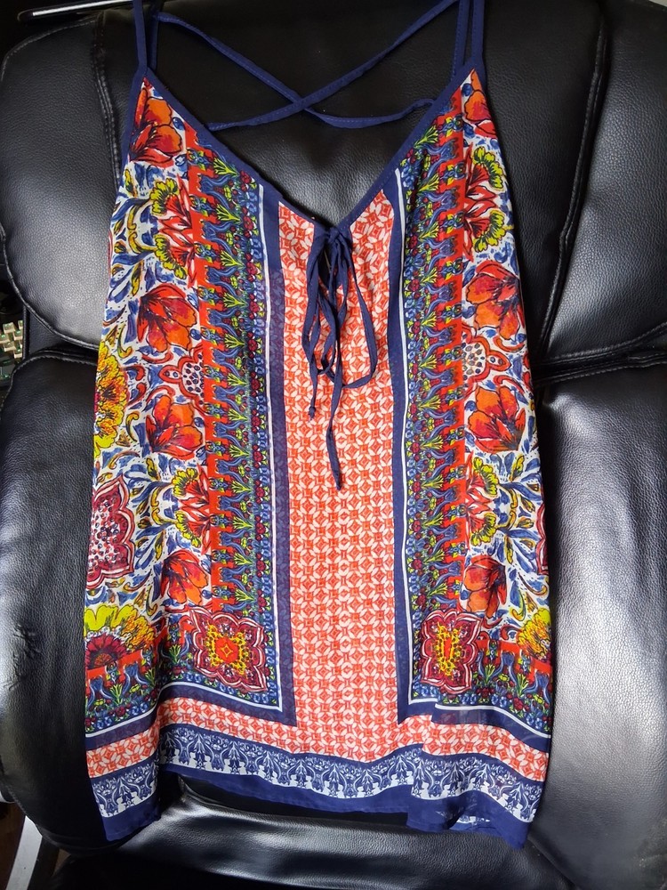 Women’s Floral Spaghetti Strap Tasseled Tie Pullover Camisole Top Size L