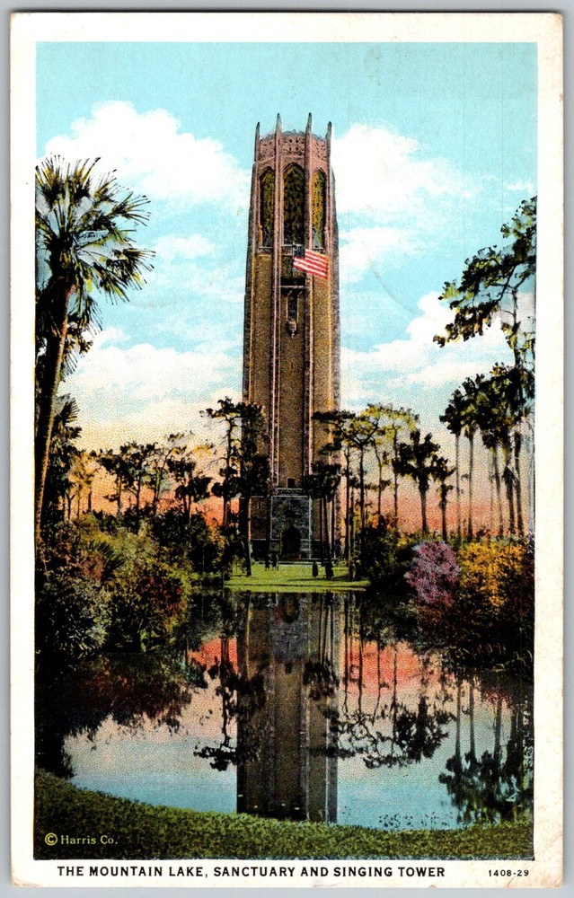 Vtg Postcard Mountain Lake Singing Tower Lake Wales, FL 1940s