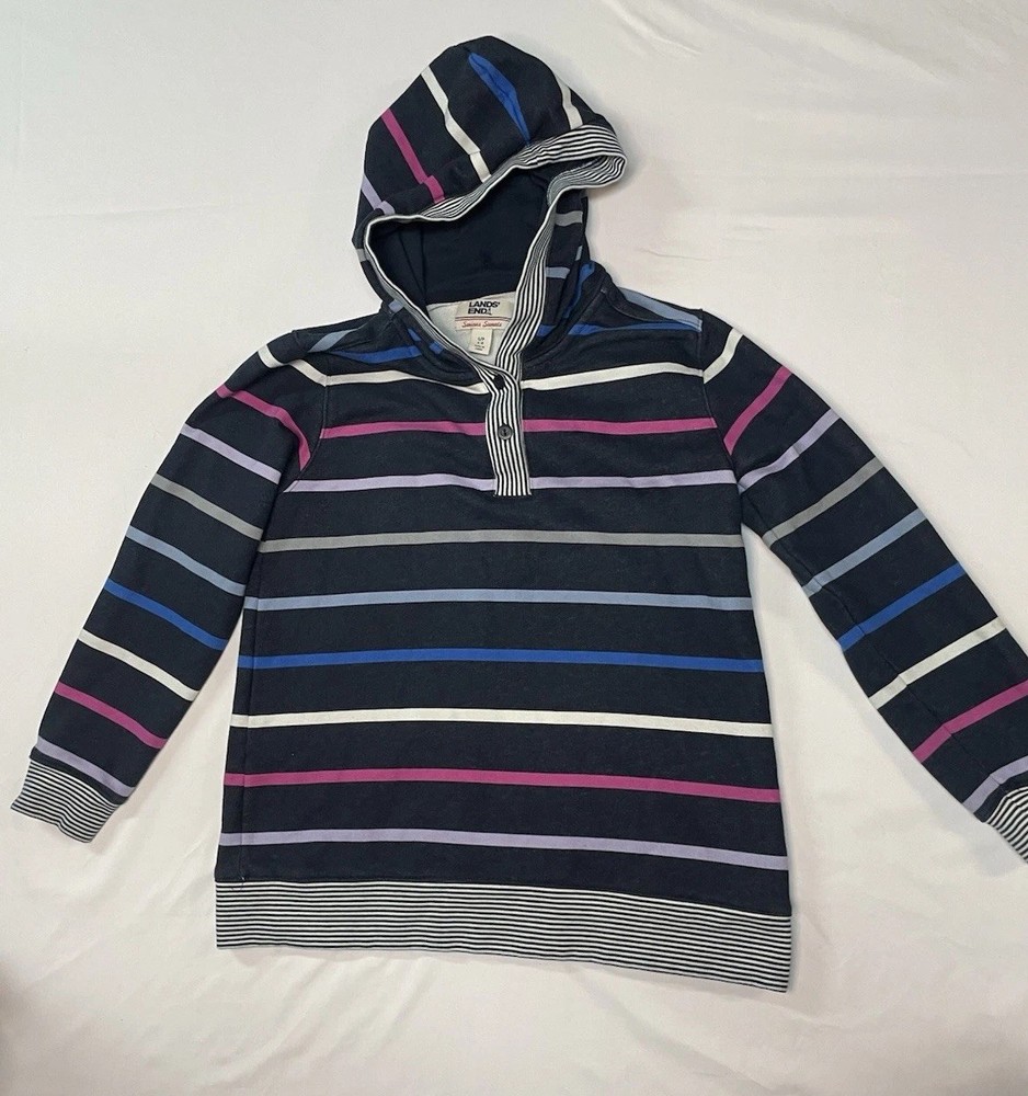 Lands End Serious Sweats Ladies Size L Rainbow Stripe Hooded Sweatshirt