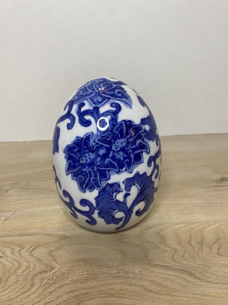 Blue & White Floral Ceramic 4” Egg Chinoiserie Porcelain Decor