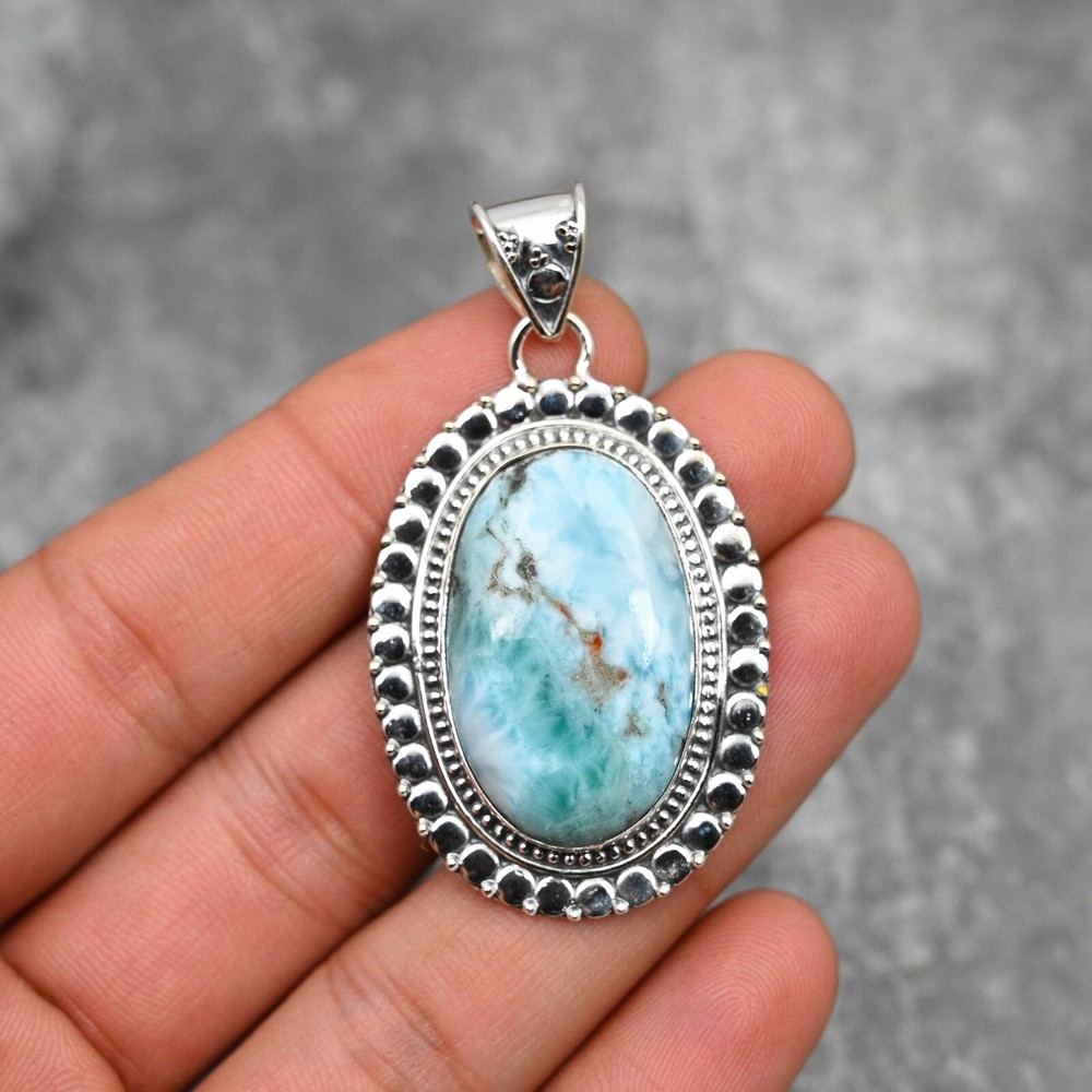 Natural Larimar Gemstone Pendant Handmade Jewelry 925 Sterling Silver For Gift