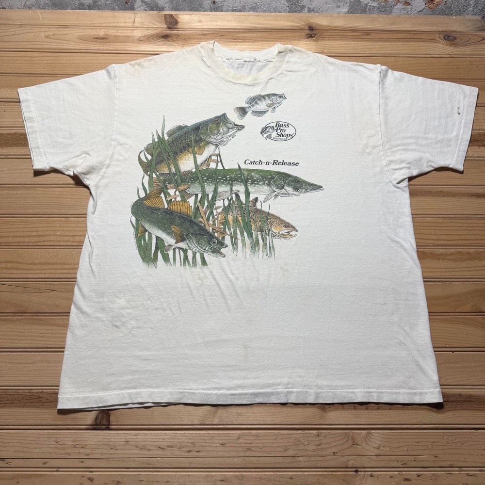 Vintage 1989 Bass Pro Shops Catch-N-Release Fish Graphic Promo T-Shirt Men's 2XL
