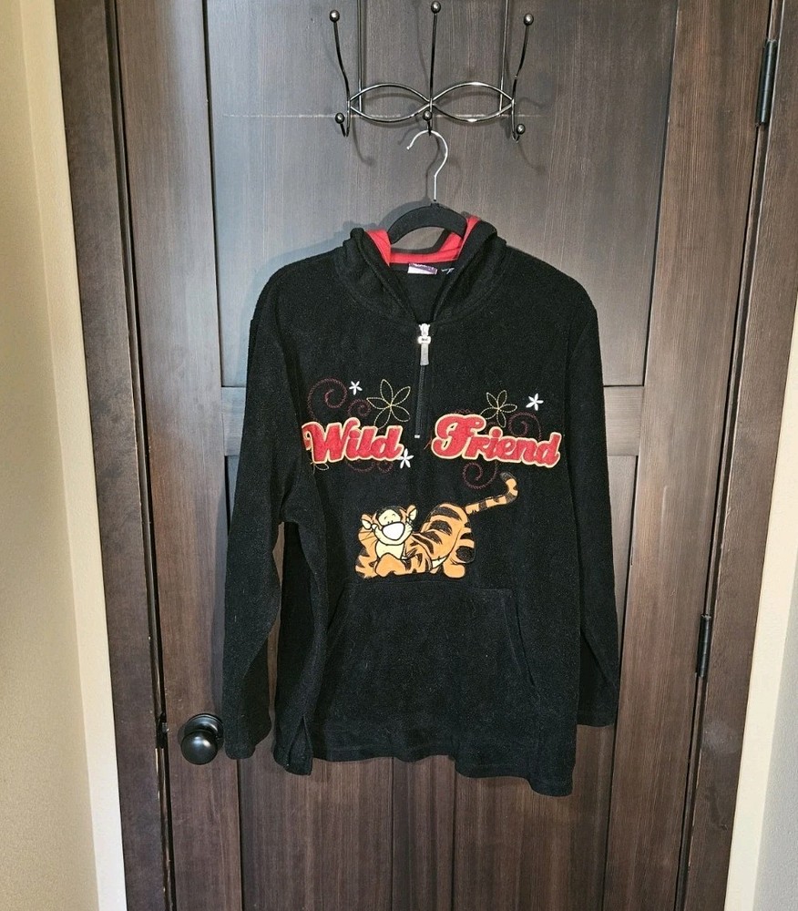 Women's Vintage Disney Black Tigger Fleece Hooded Sweatshirt Pullover Size 2X 3X
