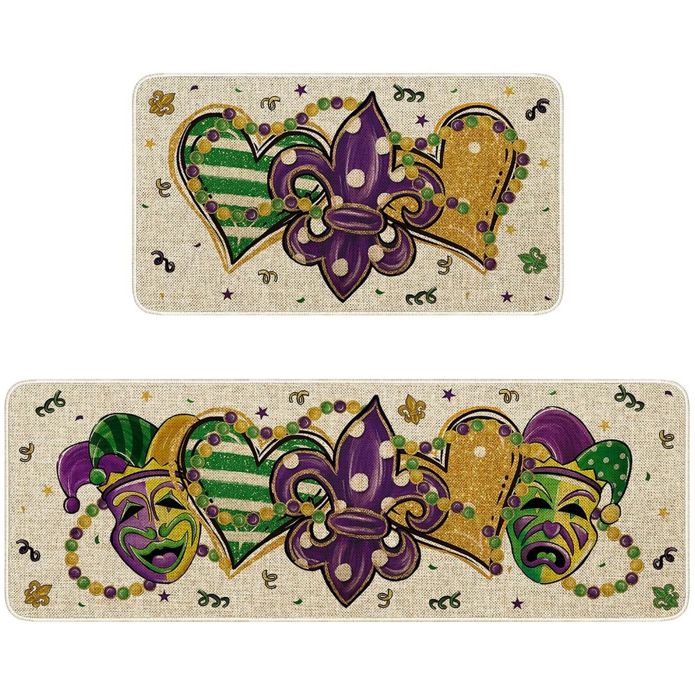 Mardi Gras Non-Slip Kitchen Rugs Set of 2 Carnival Floor Mats
