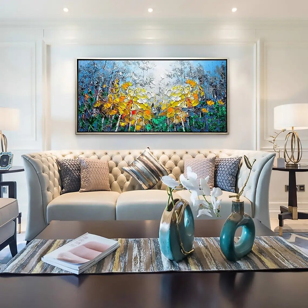 Abstract Forest Landscape Oil Painting Handmade on Canvas Blue Trees Palette-image