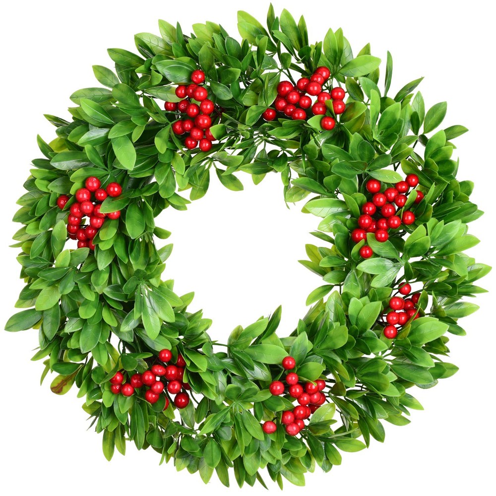 Red Berry Christmas Wreath 15 Inch Artificial Schefflera Green Clearance