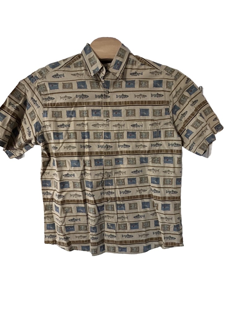 Woolrich Shirt Mens LGE Beige Fishing Print Short Sleeve Button Down Outdoor