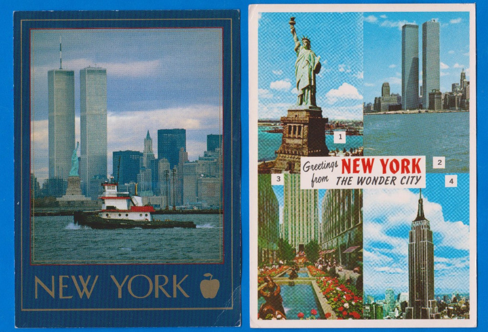 set of 2 postcards, World Trade Center, twin towers, New York city