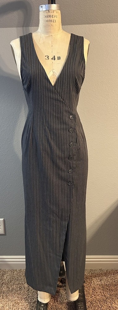 Vintage 90s Gray Pinstripe Suit Wrap Dress Jumper Sz 7-8 Sm Med