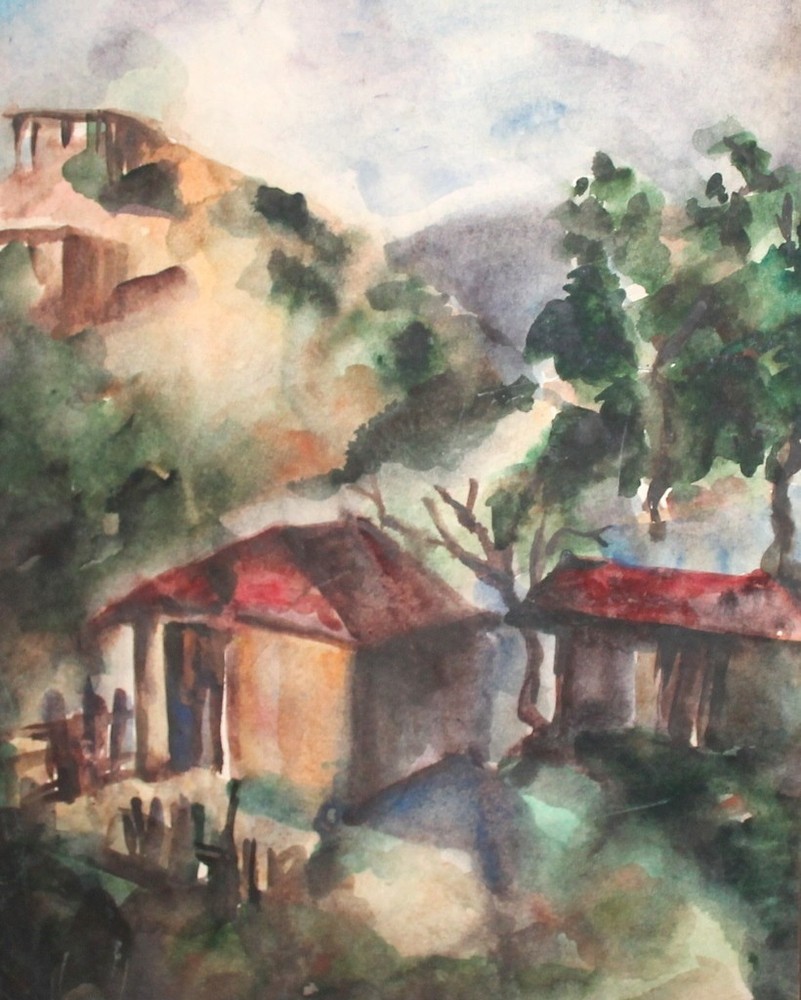 Landscape huts vintage watercolor painting impressionism