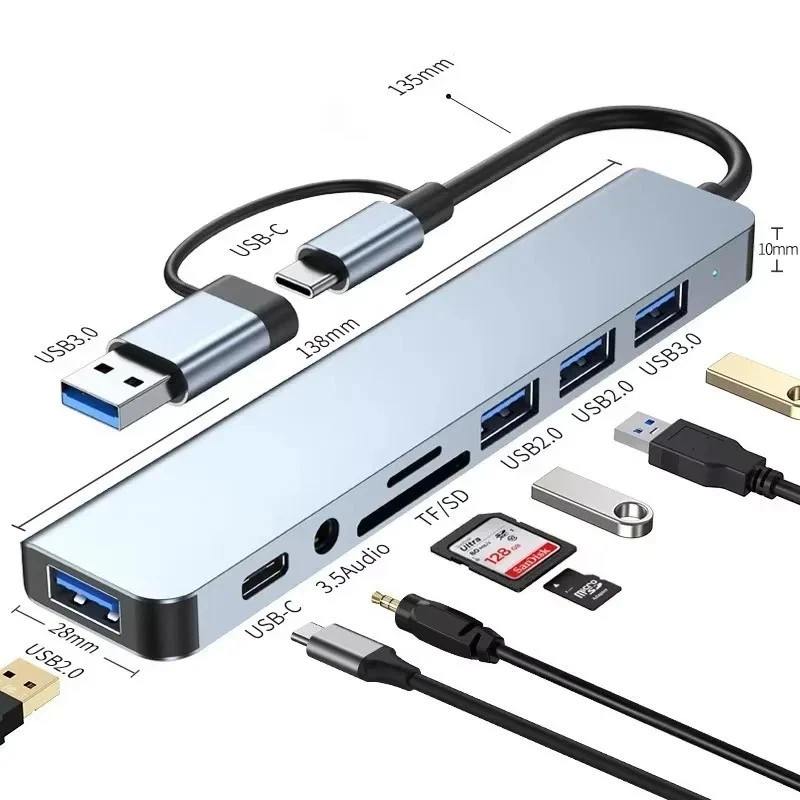 8 In 1 Port USB C Expander USB 3 Hub Type-C Splitter Type C Dock Multiport Adapt