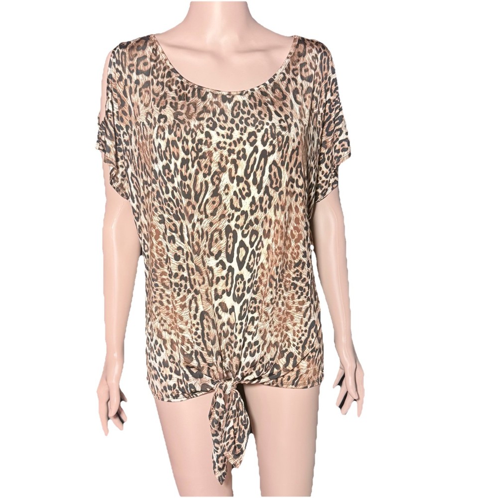 Womens Leopard Print Cold Shoulder Top Knott Hem Scooped Neckline Short Sleeves