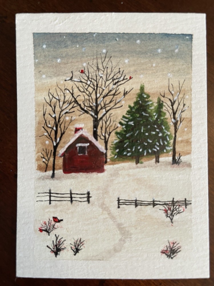 ACEO Landscape Snow Farm Original Mixed Media On Paper Signed Emily Daley“Redbirds”