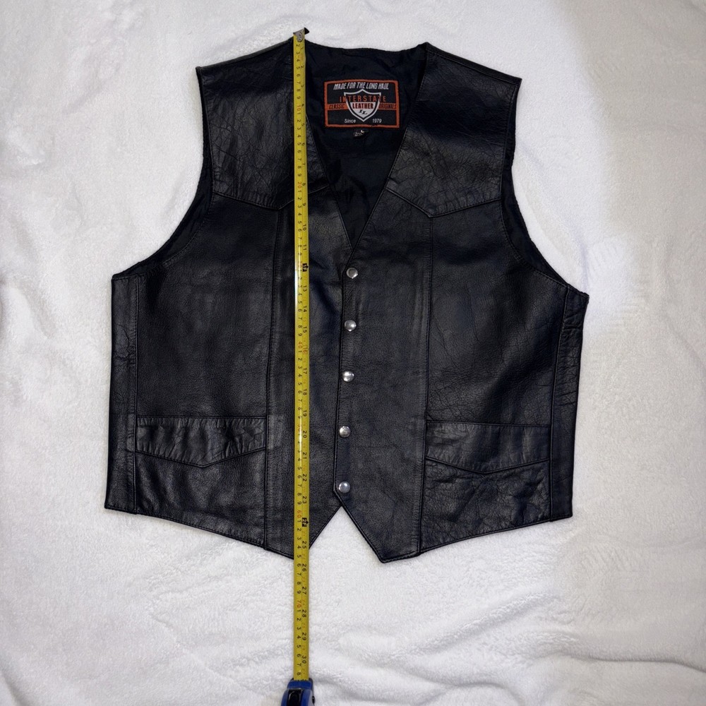 Interstate Leather Mens Black Biker Vest Button Up Size Medium Motorcycle Cowboy