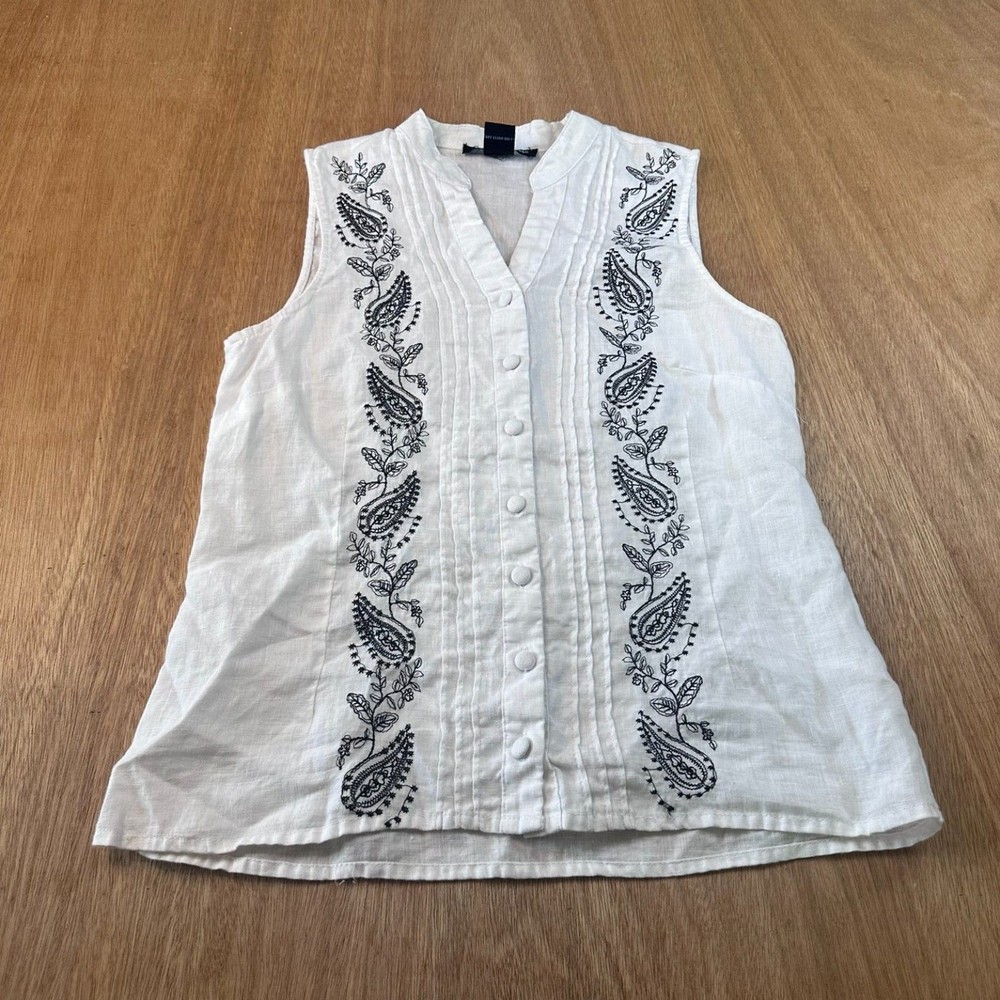 Saint Tropez West 100% Linen Top Womens Small White Sleeveless Button