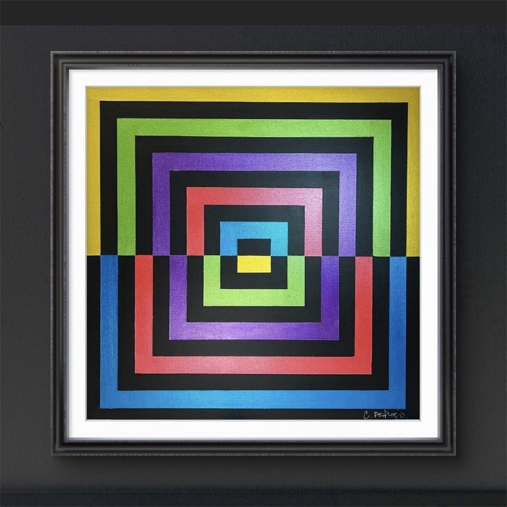 “Metal Interaction” 20”x20” Geometric Painting Framed Canvas Signed Unique