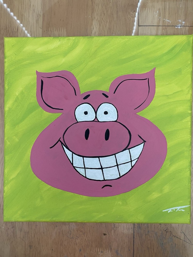 Original Acrylic Painting On Canvas Signed By Artist Shows Happy Pig, Unframed