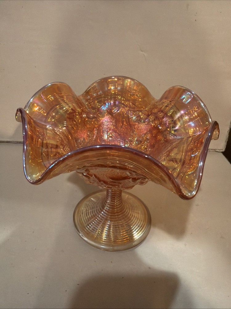 Vintage Imperial Carnival Glass Ruffled Pedestal Candy Dish Marigold Grapes