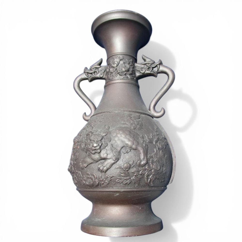 Japanese Bronze Vase Vintage Jar Vessel Shishi Lion Relief Metalwork 11.8 inch