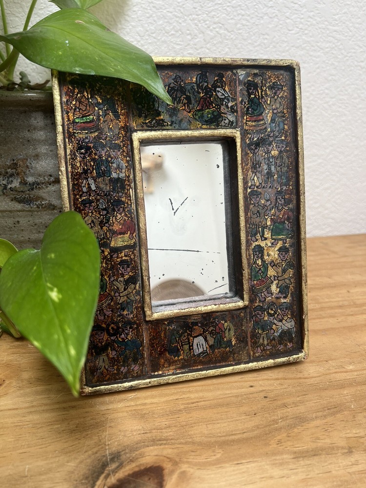 Antique Hand Painted Gilted Peruvian Reverse Glass Mirror