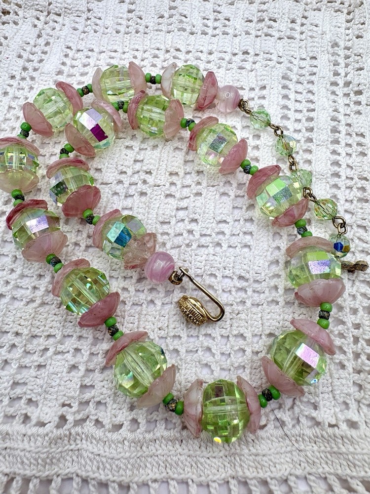 Vintage Vendome AB Pink Green Glass Adjustable Choker Necklace 14-16”