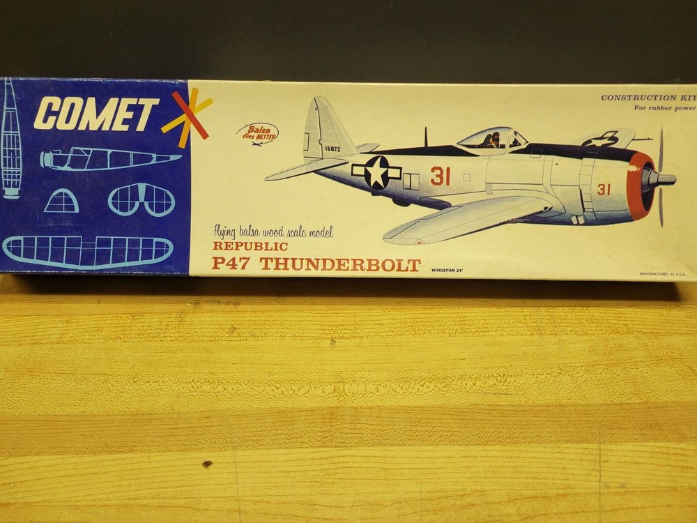 Comet Republic P-47 Thunderbolt rubber powered model airplane kit 24” WS