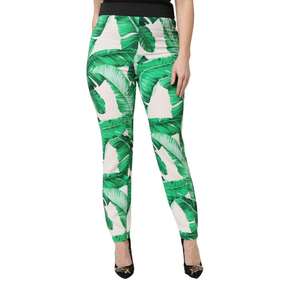 DOLCE & GABBANA Pants White Green Leaf High Waist Trousers IT42/US8/M RRP 750usd