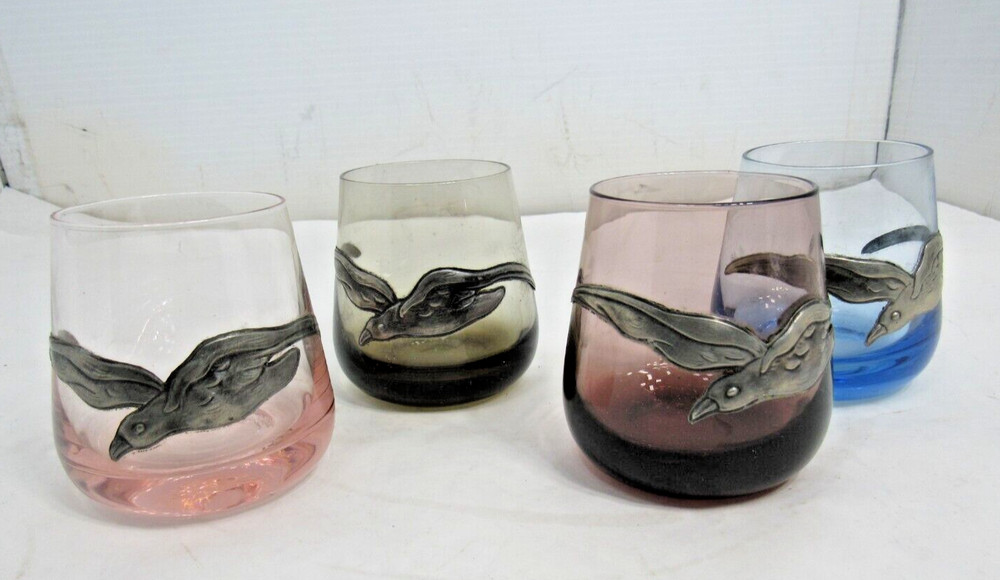 Set of 4 - Eagle Bird Low Ball Whiskey Cocktail Glasses  MCM Barware 6 Ounce