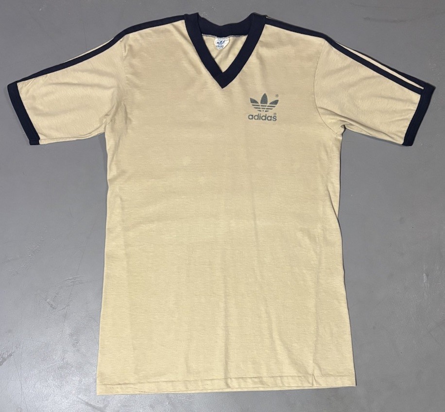 Vintage 70s Adidas Trefoil V-Neck Athletic Ringer t Shirt Cream 80s Size Large