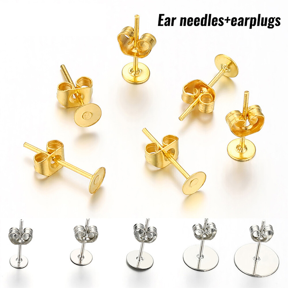 100pc Blank Post Earring Studs Base Pins Flat Round Ear Studs Posts Blank Tray