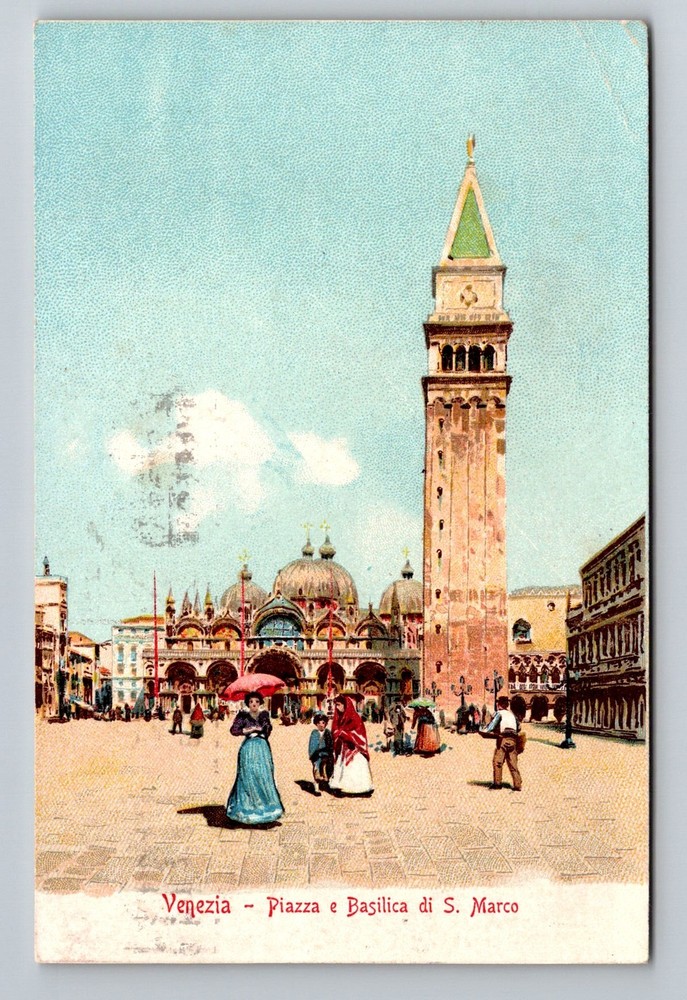 Italy- Venice Plaza & Basilica Saint Marco Old Postal PC Vintage c1904 Postcard
