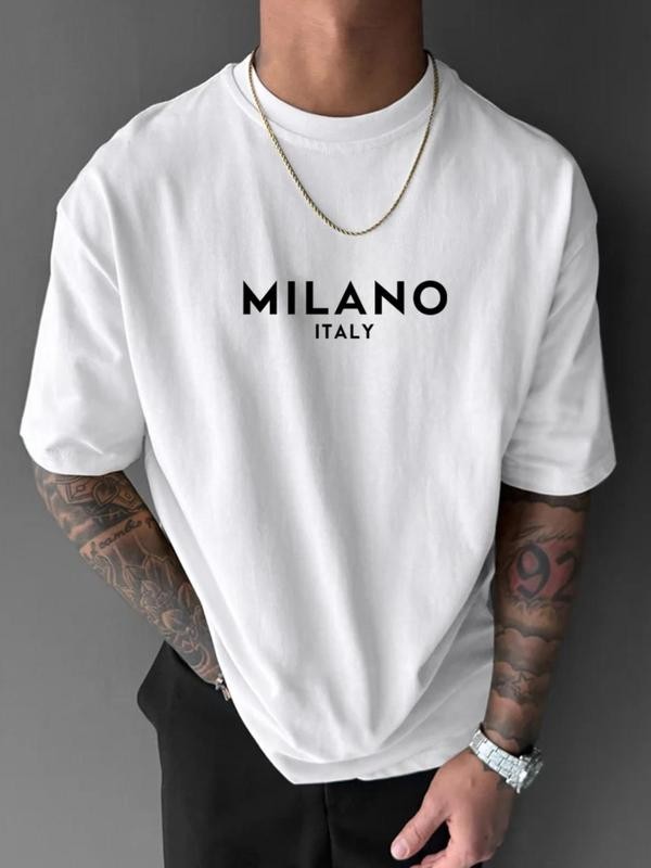 Men's Letter Print Round Neck Tee, Regular Fit Short Sleeve T-shirt