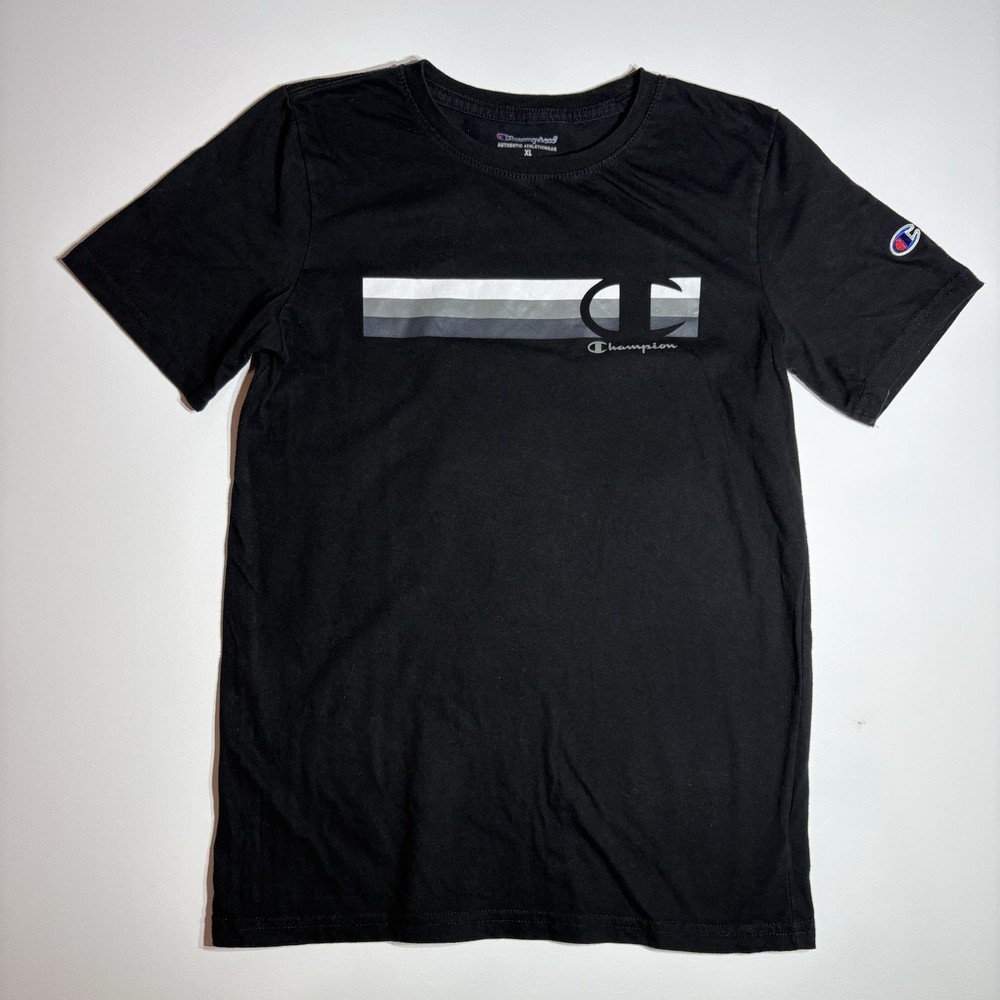 Champion Graphic T-Shirt Boys XL Black Athletic Logo Stripe Short Sleeve Tee