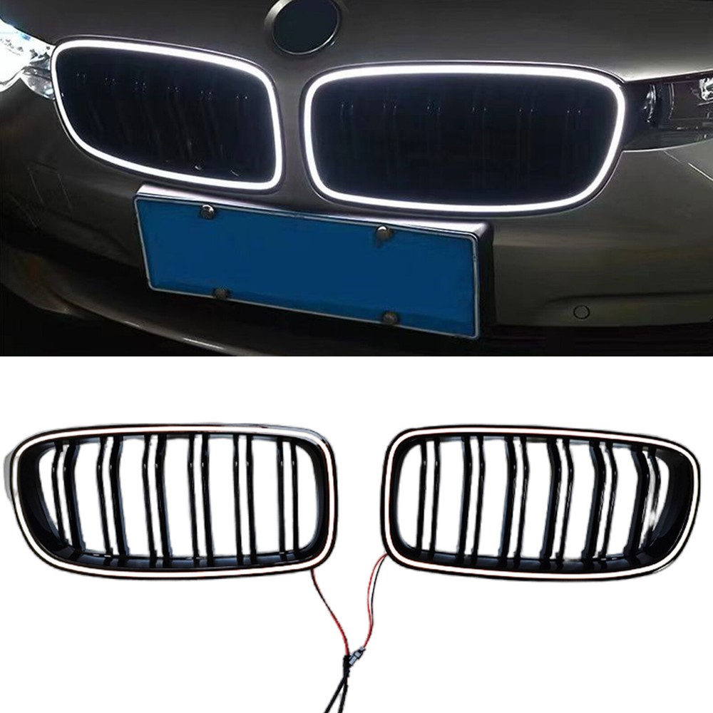 Black Front Kidney Grille Double Line With LED For BMW 3-Series F30 F31 2012-18