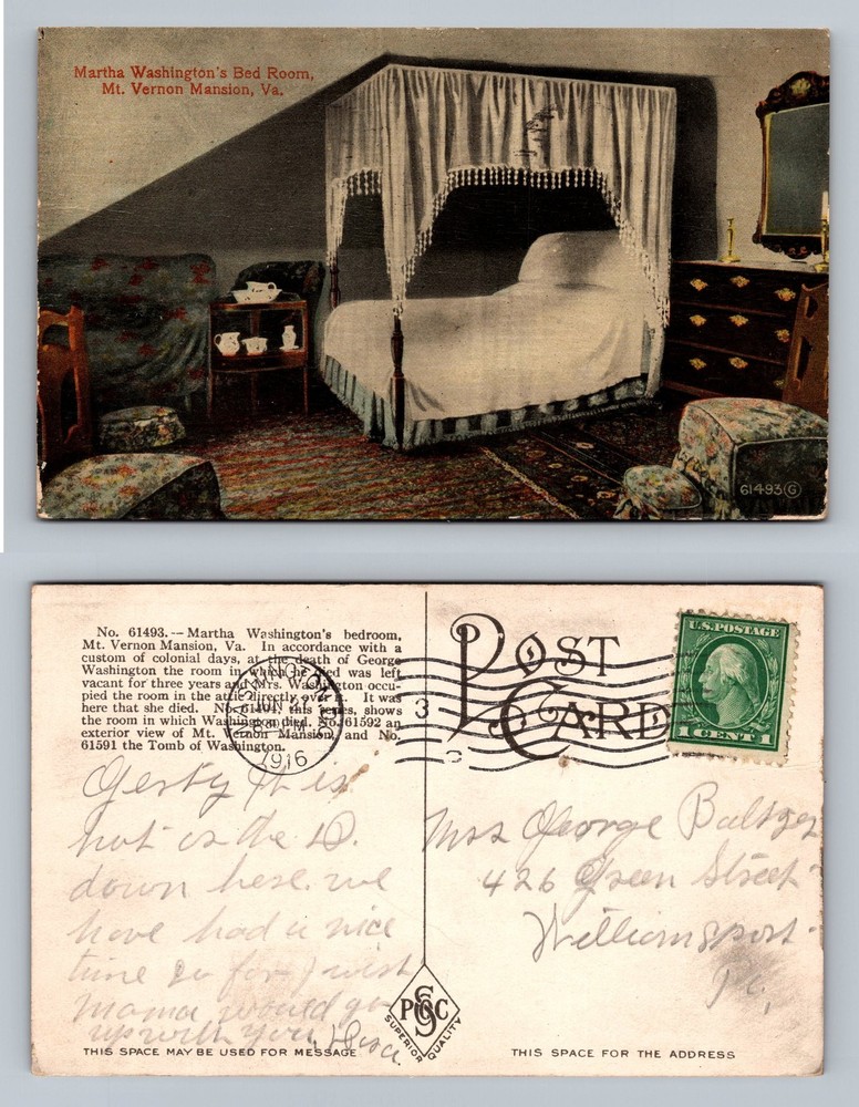 Mount Vernon, Virginia, Martha Washington’s Bed Room c1916 Card Vintage Postcard