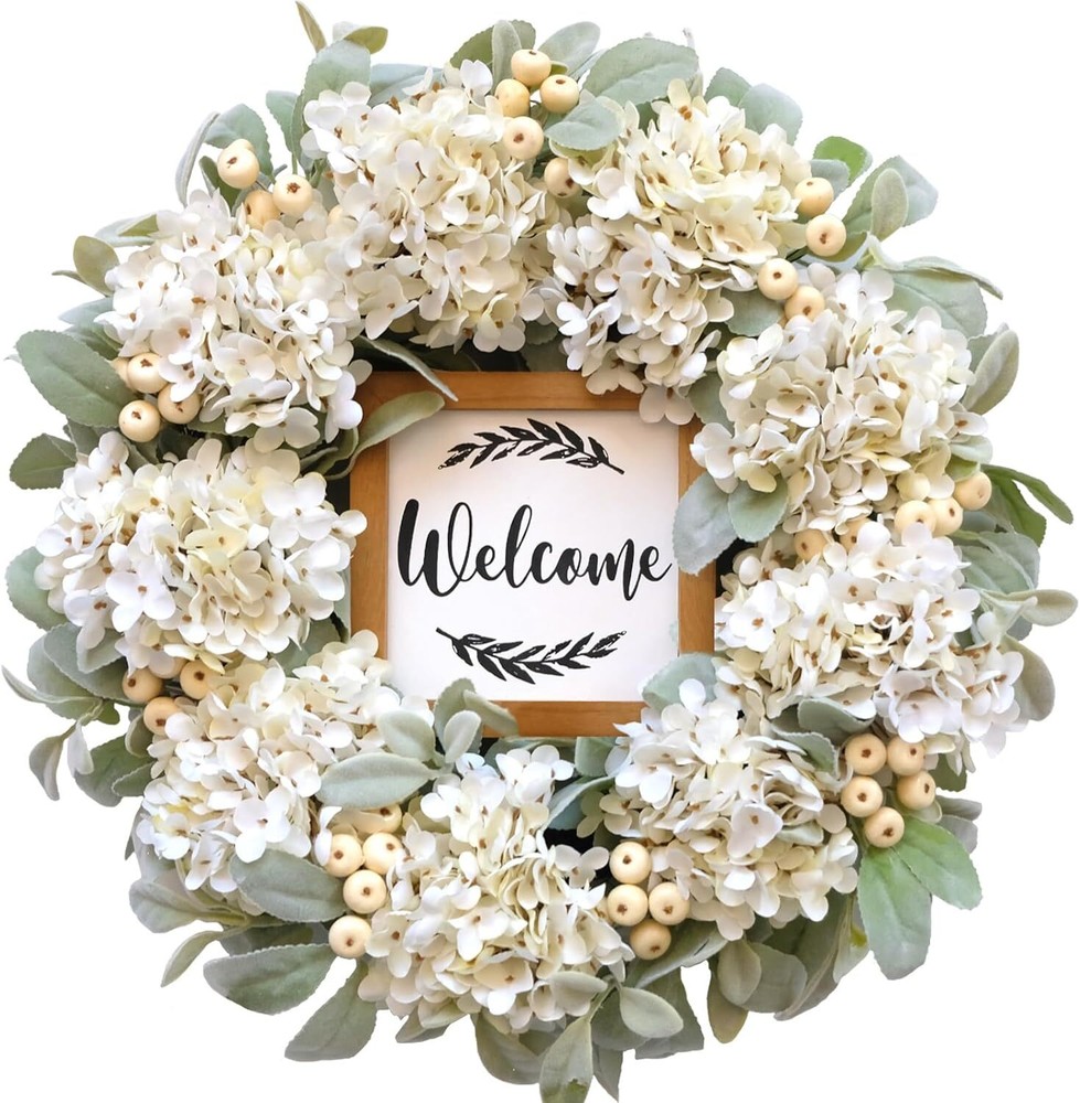 22 Inch Spring Summer Hydrangeas Lambs Ear Artificial Door Wreath
