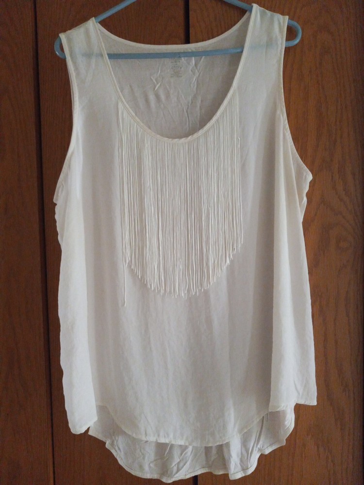 ANA Ivory Fringe Tank Top Blouse with Round Neckline in 1X Black