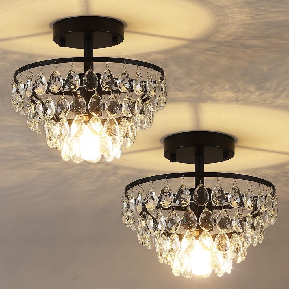2 Pack Black Crystal Chandelier Semi Flush Mount Ceiling Light Fixture
