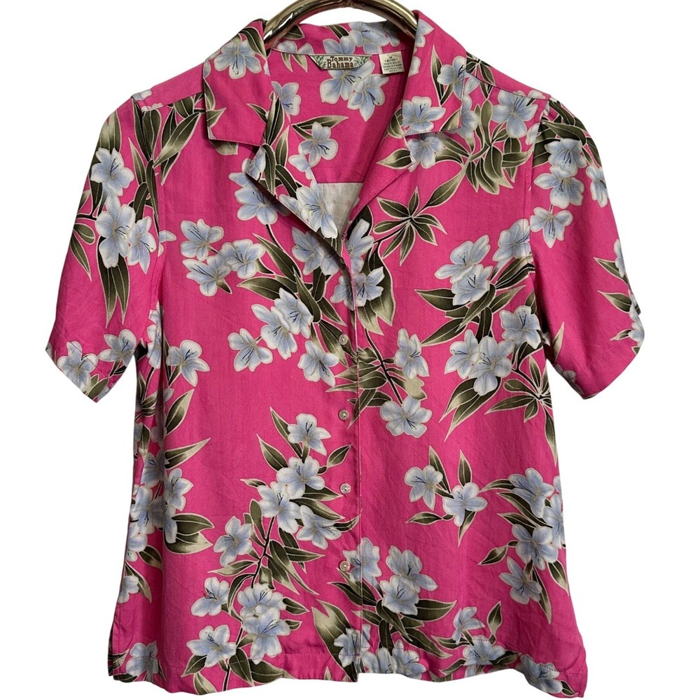 Tommy Bahama 100% Silk Floral Shirt Womens Medium Pink Short Sleeve Tropical Cam