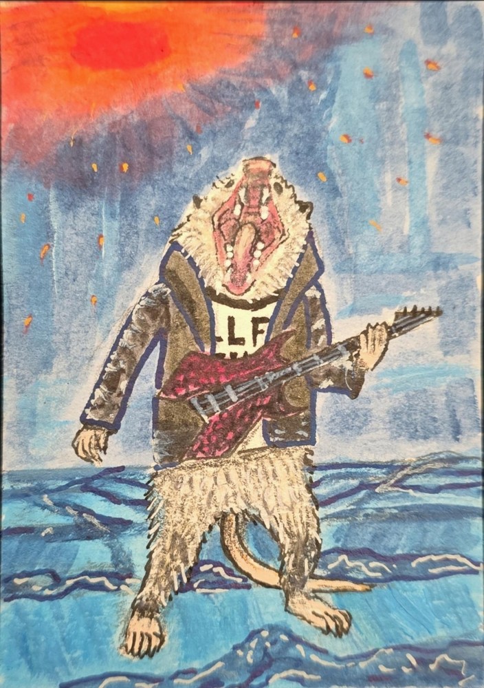 ACEO Original Possum Eddie Munson Playing Guitar Upside Down Stranger Things Art