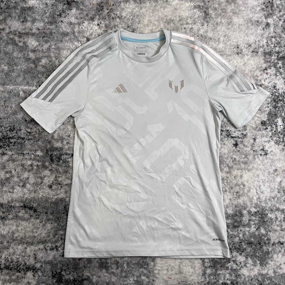 Adidas Aeroready Messi Soccer Jersey Light Grey Youth 15-16Y 176 Short Sleeve
