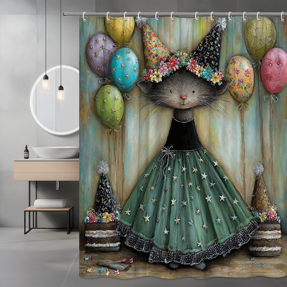 Cat Party Shower Curtain Floral Hat Balloons Graphic
