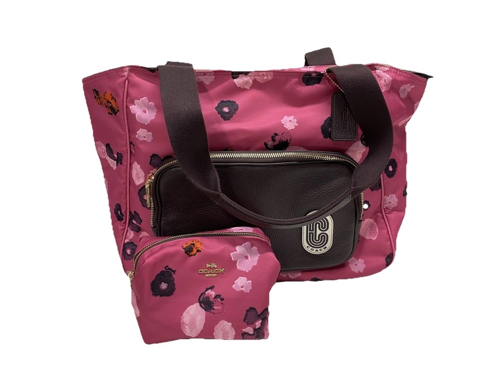 COACH Pink Floral Nylon Large Court Tote with Matching Pouch