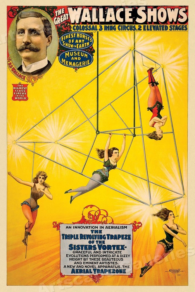 1890s Wallace Show Triple Revolving Trapeze Circus Poster - 24x36