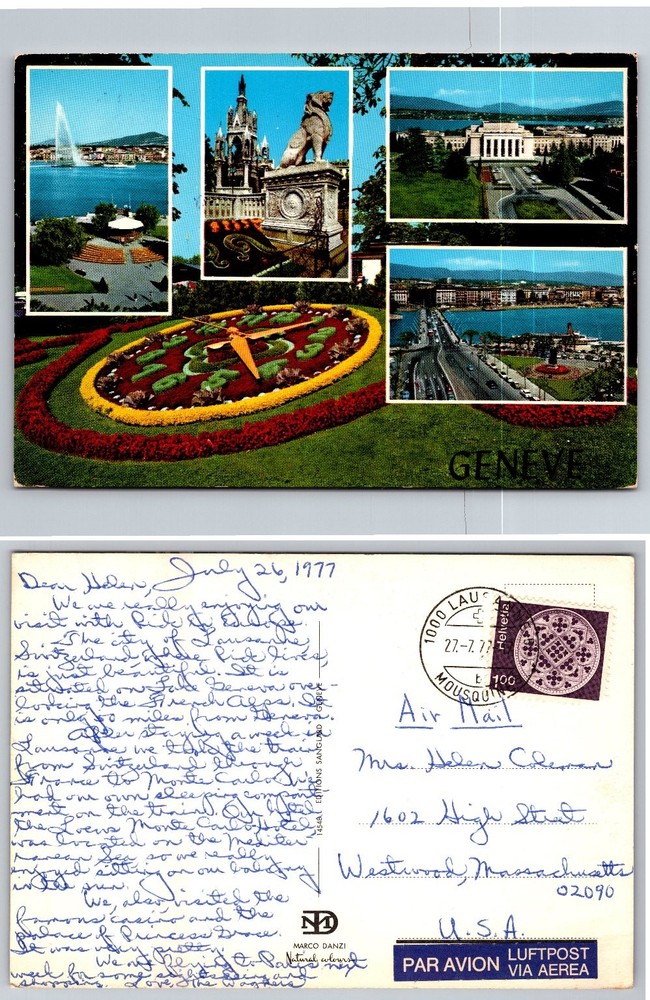 Vintage 1977 Geneva Switzerland Postcard - Jet d'Eau, Flower Clock, Brunswick