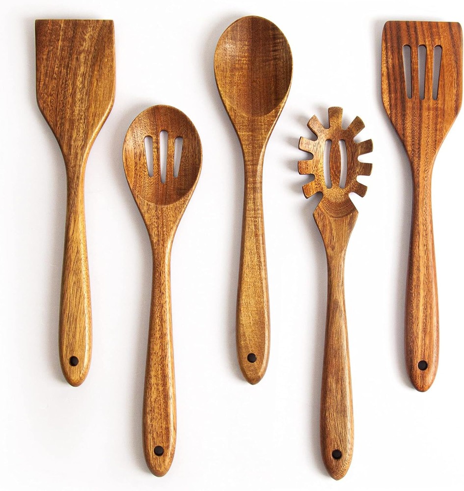 Acacia Wooden Spoons for Cooking: 5-Piece Kitchen & Cooking Utensils Brown-image
