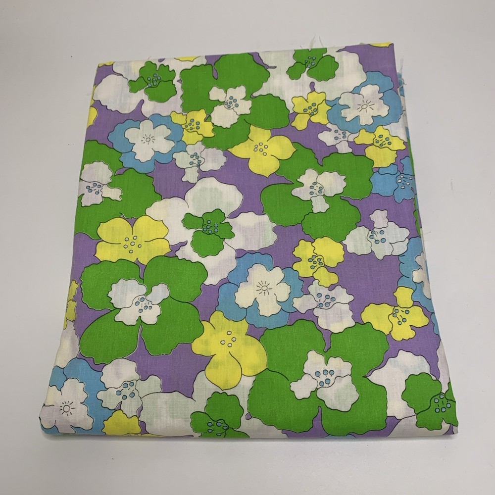 Vintage Cotton Fabric Floral 1970’s 2.5 Yds X 42 In Purple Green Yellow