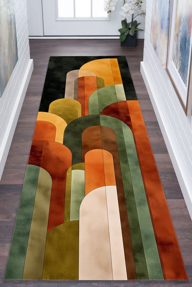 Mid Century Runner Rug, Abstract Runner Rug, Multicolored Runner Rug